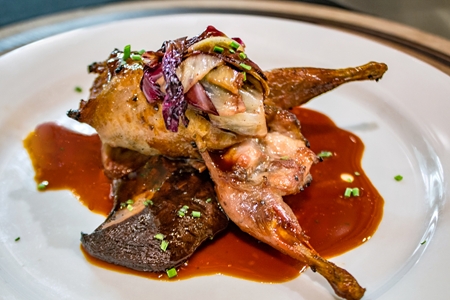 Grilled Quail and Portobello Mushroom with Grilled Radicchio and Natural Sauce
