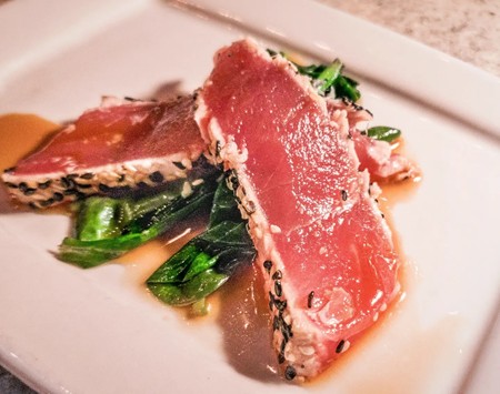 Seared Tuna, Sesame Crusted, Spinach and Soy Ginger Sauce