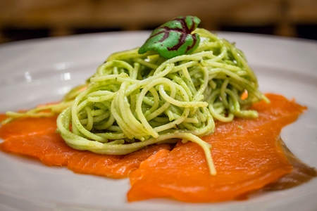 Sockeye Salmon Carpaccio, Angel Hair with Pesto Sauce