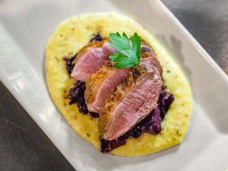 Duck Breast, Pan Seared, Cheese Grits, Braised Red Cabbage