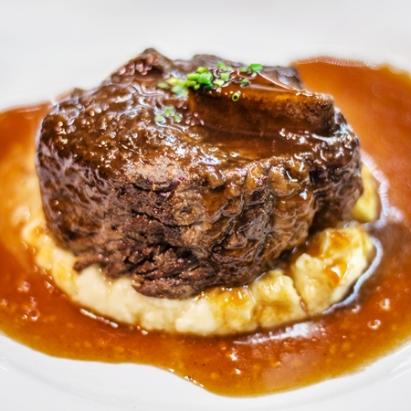 Osso Bucco style Beef Short Rib with Burrata Mashed Potatoes and Natural Sauce