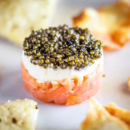 Ossetra Caviar, Smoked Salmon & Crème Fraîche Cream Cheese, Stacked, Homemade Chips, Focaccia