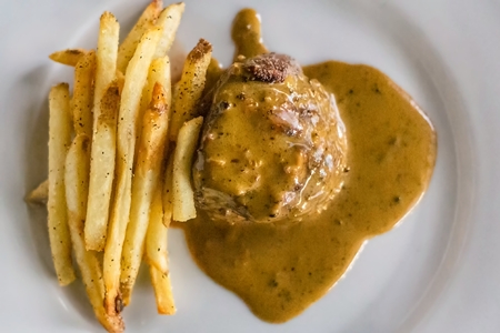 STEAK FRITES Petite Filet, French Fries, Black Peppercorn Sauce