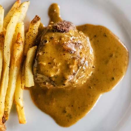 STEAK FRITES Petite Filet, French Fries, Black Peppercorn Sauce
