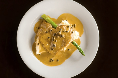 VEAL SCALLOPINI with Grilled Asparagus, Burrata Mashed Potatoes and Sauce Piccata