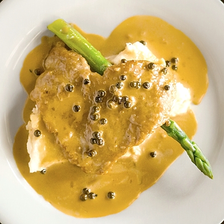VEAL SCALLOPINI with Grilled Asparagus, Burrata Mashed Potatoes and Sauce Piccata