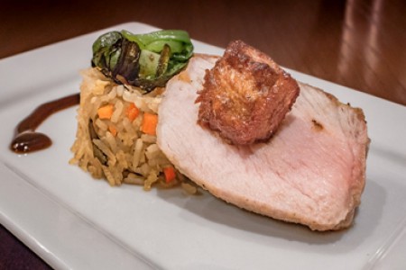 Pork Chop and Pork Belly with a Hoisin Sauce and Grilled Green Onion Fried Rice