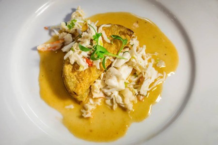 Fried Green Tomato, Warm Brie, Sauté King Crab and Brown Meunière